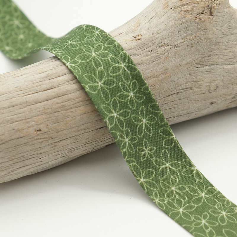 25mm Printed Bias Tape with Green Lily Flower Pattern - Maison Klem